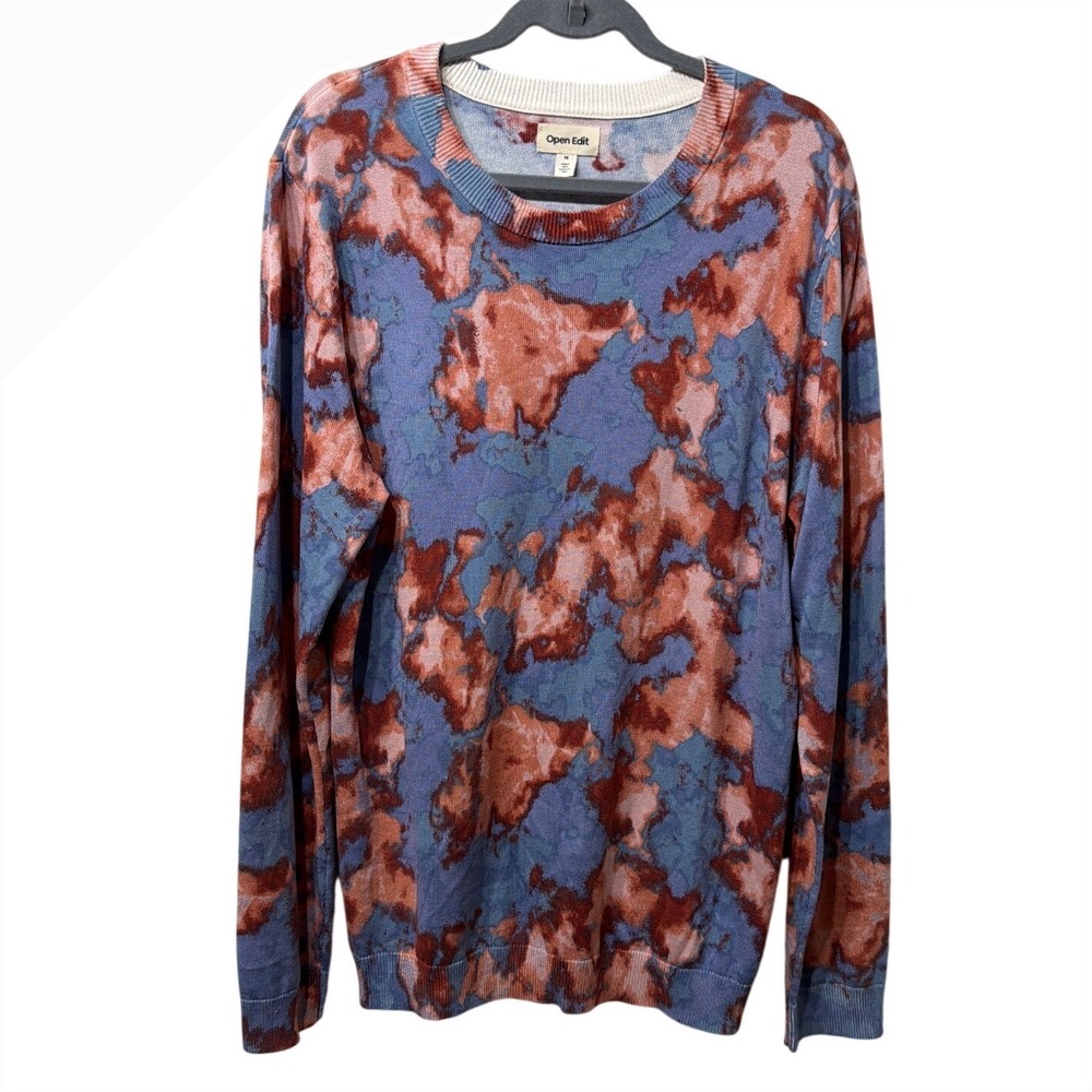 Open Edit Womens Blue‎ Rust Abstract Marble Print Cotton Viscose Sweater Medium